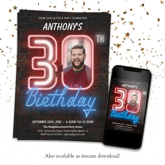 Invitación Neon 30 cumpleaños (30th Birthday 80s Retro Neon Sign Custom Photo Invitation)