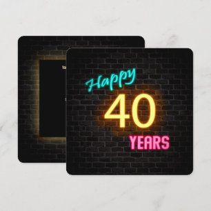 Invitación Neon 40.º Rótulo de cumpleaños brillando en ladril