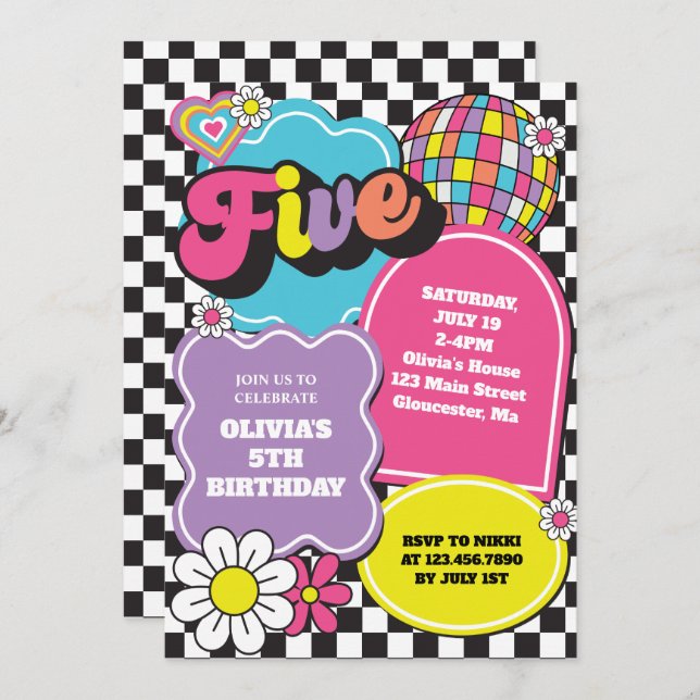 Invitación Neon 90s Retro 5º cumpleaños (Anverso / Reverso)