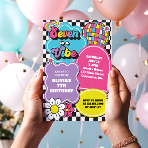 Invitación Neon 90s Retro Seven es una Vibra Cumpleaños 7