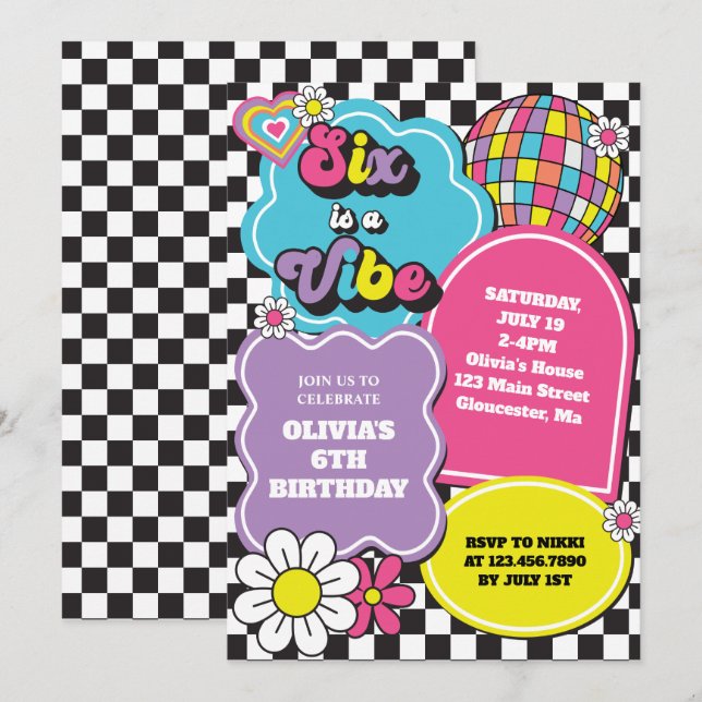 Invitación Neon 90s Retro Six es una Vibra Cumpleaños 6 (Anverso / Reverso)