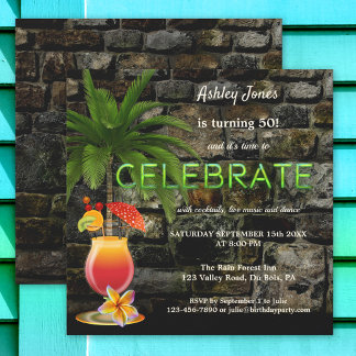Invitación Neon Adulto Fiesta de cócteles Tropical Cumpleaños