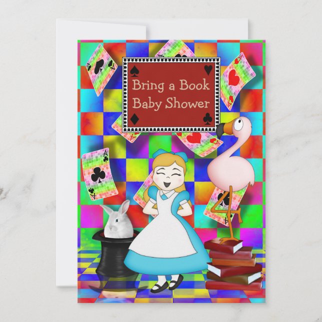 Invitación Neon Alice y Flamingo traen un libro Baby Shower (Anverso)