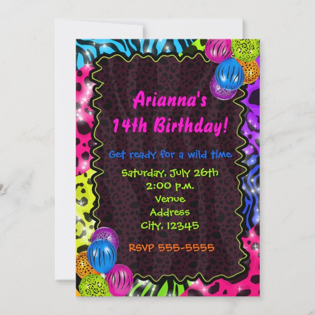 Invitación Neon Animal Print Cheetah leopard Zebra Fiesta (Anverso)