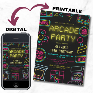 Invitación Neon Any año videojuegos cumpleaños