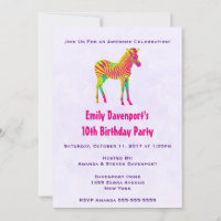 Neon Baby Zebra Psychedelic Funky Invite de cumple