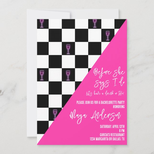 Invitación Neon Bachelorette Party con control negro y rosa (Anverso)