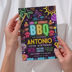 Invitación Neon BBQ Pool Fiesta Cumpleaños - Fin del Verano