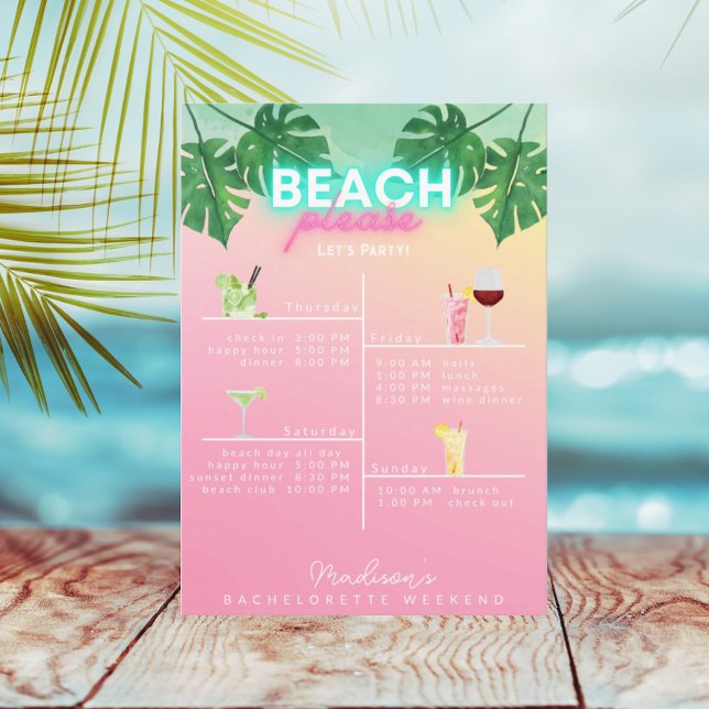 Invitación Neon Beach Por Favor Bachelorette Weekend Itinerar (Subido por el creador)