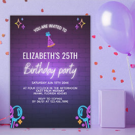 Invitación Neon Birthday Party Invitation Brick Wall Style
