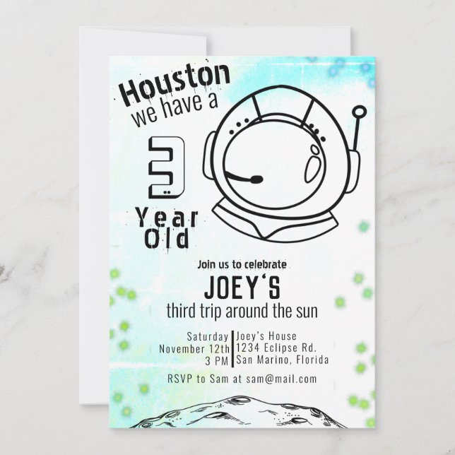 Invitación Neon Birthday por el espacio astronauta (Anverso)