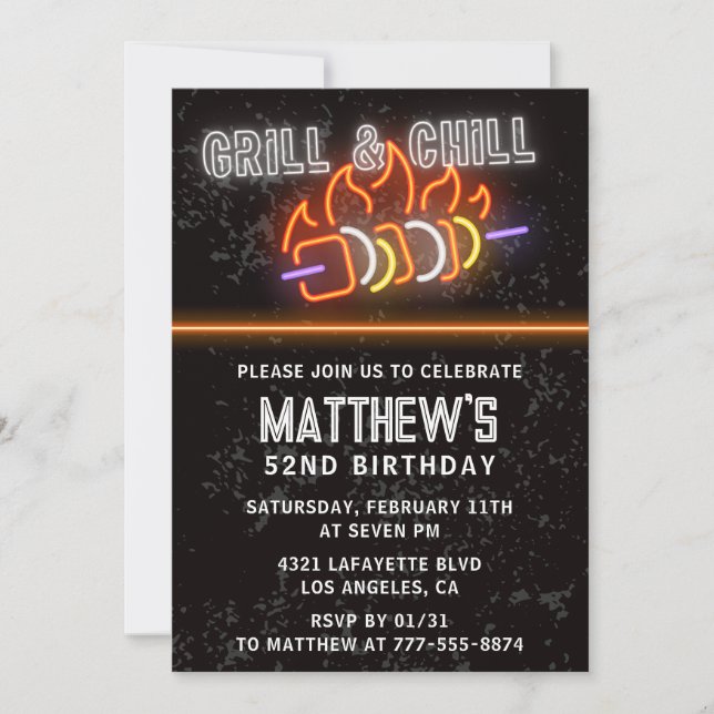 Invitación Neon Black Bbq Grill y Chill 52 cumpleaños (Anverso)