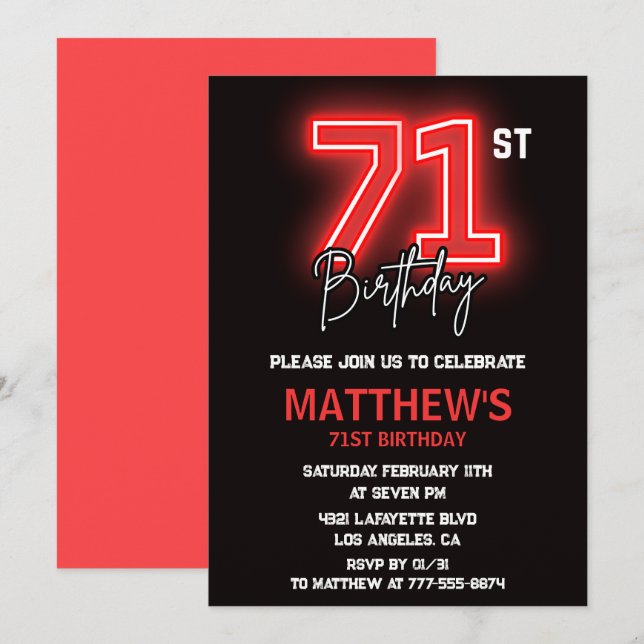Invitación Neon Black Red Men 71 cumpleaños (Anverso / Reverso)