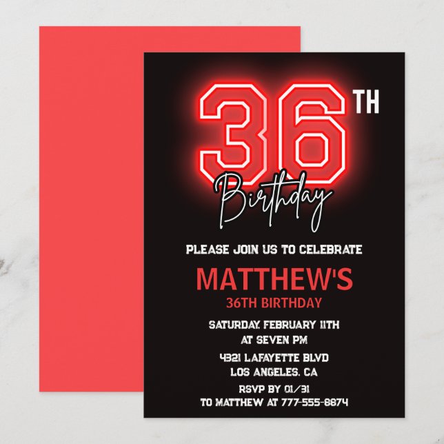 Invitación Neon Black Red Men Sport 36 cumpleaños (Anverso / Reverso)
