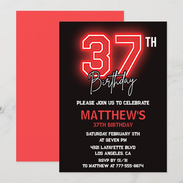 Invitación Neon Black Red Men Sport 37 cumpleaños (Anverso / Reverso)