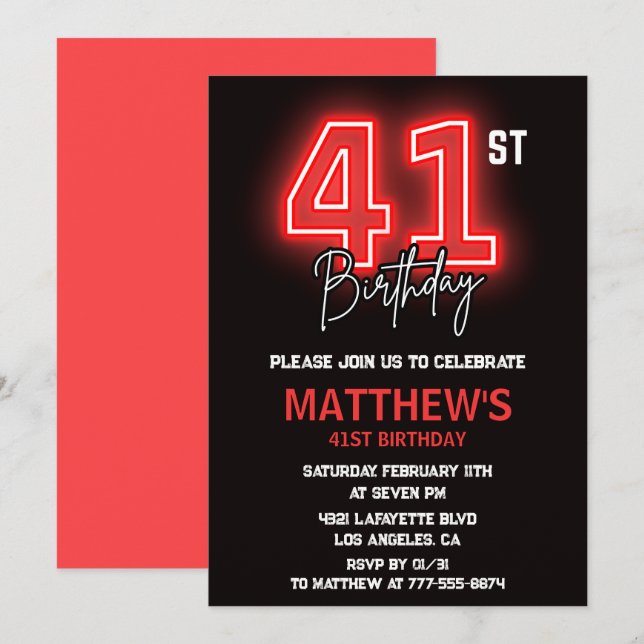 Invitación Neon Black Red Men Sport 41 cumpleaños (Anverso / Reverso)