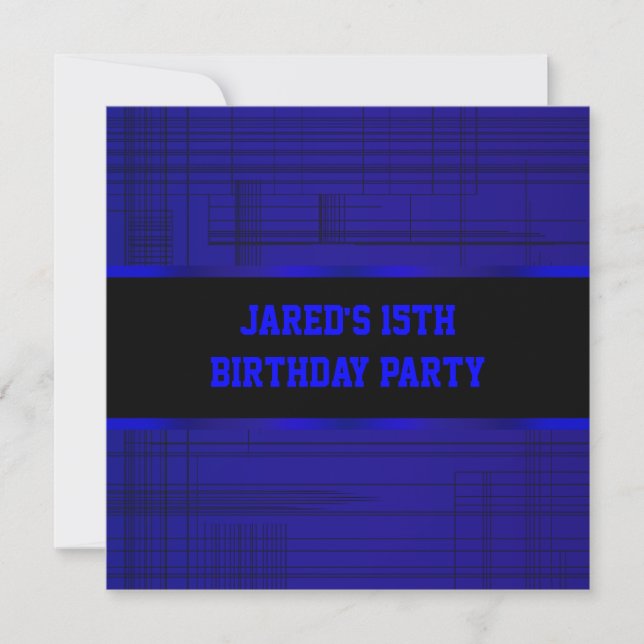 Invitación Neon Blue Black Stripe Boys 15th Birthday Party (Anverso)