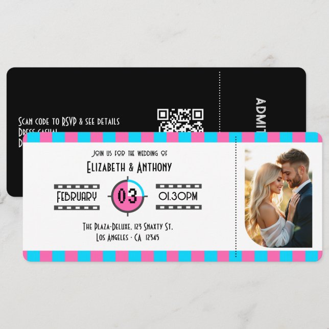 Invitación Neon Blue, Hot Pink, and Black Cinema Ticket (Anverso / Reverso)