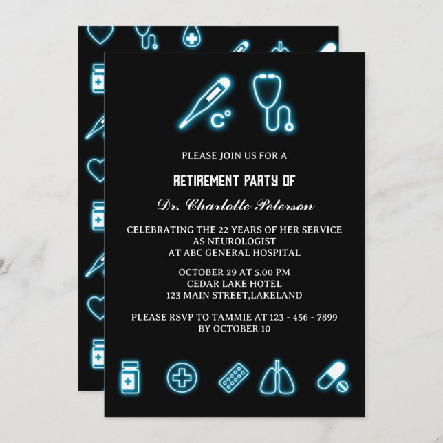 Invitación Neon Blue Medical Element Médica Fiesta de Jubilac (Anverso / Reverso)