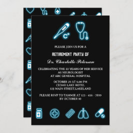 Invitación Neon Blue Medical Element Médica Fiesta de Jubilac