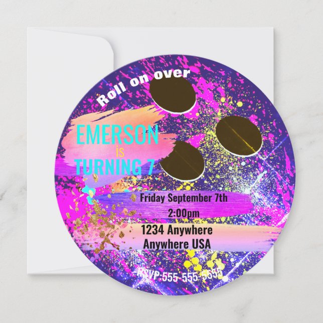 Invitación neon BOWLING BALL, boliche, fiesta de cumpleaños b (Anverso)