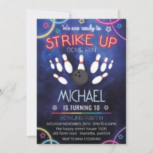Invitación Neon Bowling Invitation for Birthday Party Retro