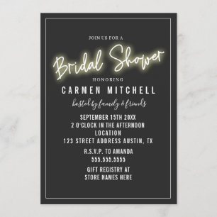 Invitación Neon Bridal Shower Rótulo blanco fondo gris