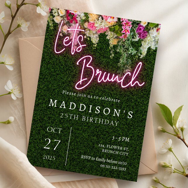 Invitación Neon Brunch Floral Backdrop Garden Birday Party (Neon Brunch Floral Backdrop Garden Party Birthday Invitation)