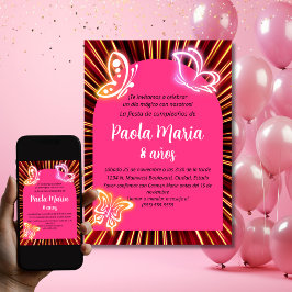 Invitación Neon Butterfly Black Pink Chica Cumpleaños Español
