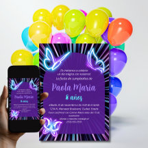 Neon Butterfly Black Purple Chica Cumpleaños Españ