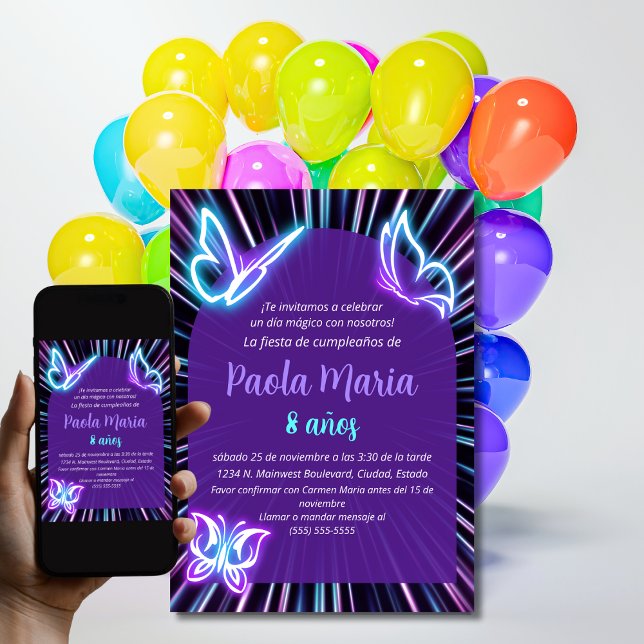 Invitación Neon Butterfly Black Purple Chica Cumpleaños Españ (Subido por el creador)