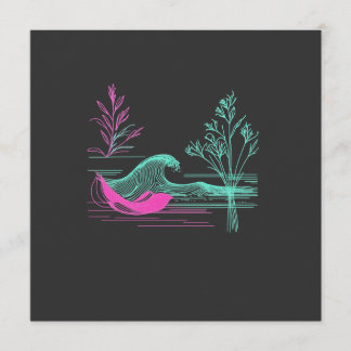 Invitación NEON CALM – Arte de línea de onda retro y botánica