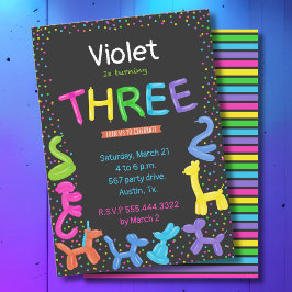 Invitación Neon colores globos animales 3º cumpleaños