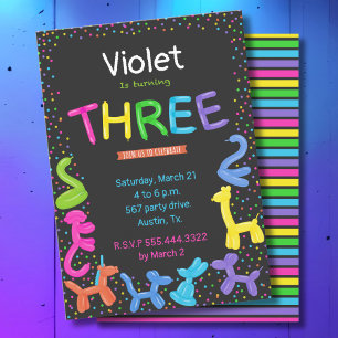 Invitación Neon colores globos animales 3º cumpleaños