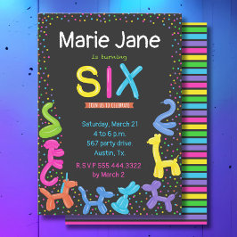 Invitación Neon colores globos animales 6 cumpleaños