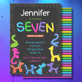 Invitación Neon colores globos animales 7 cumpleaños