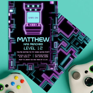 Invitación Neon Colorful Retro Arcade Kid Gamer Cumpleaños