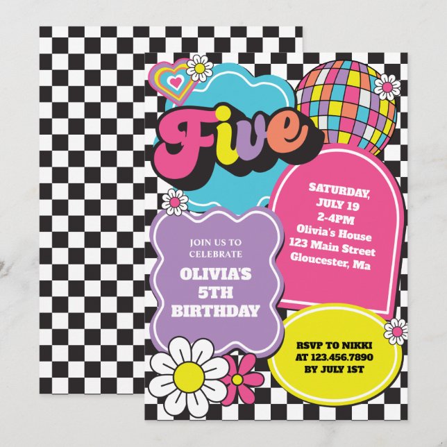 Invitación Neón Cumpleaños Retro 90s 5º (Anverso / Reverso)