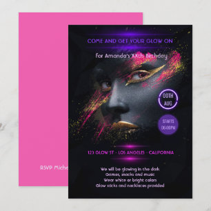 Invitación Neón de fiesta de color rosa intenso y dorado que 