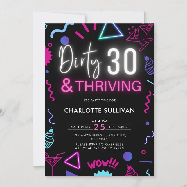 Invitación Neon Dirty 30 y Thriving 30th Birthday Fiesta (Anverso)