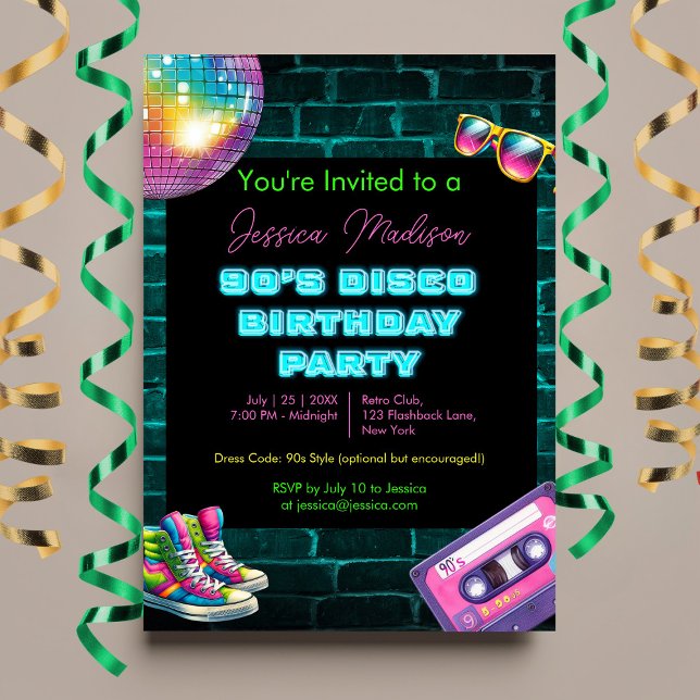 Invitación Neon Disco Birthday de los 90 (Subido por el creador)