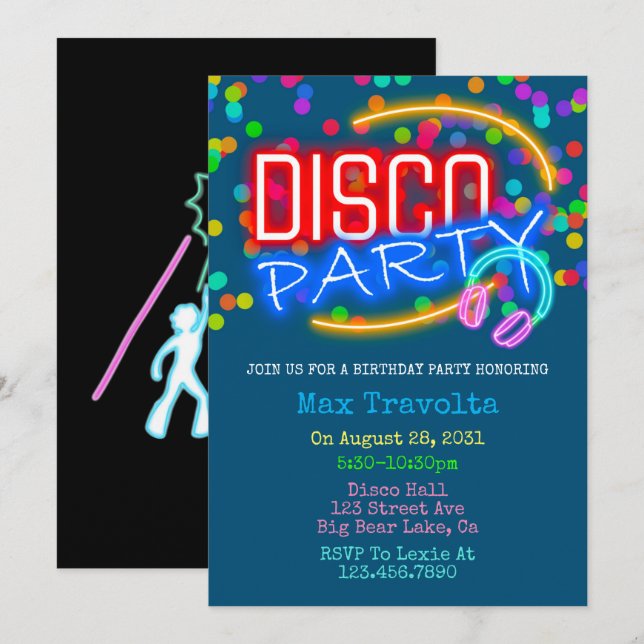 Invitación Neon Disco Birthday Party (Anverso / Reverso)