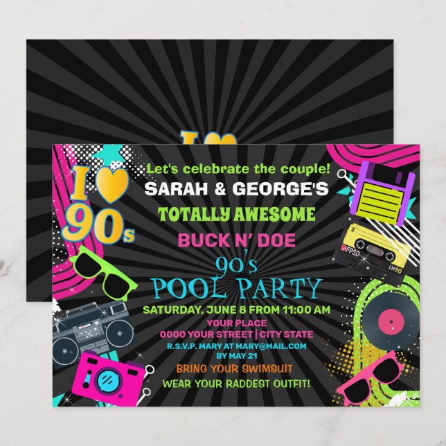 Invitación Neon Divertido Parejas Totalmente Increíble Fiesta (Anverso / Reverso)