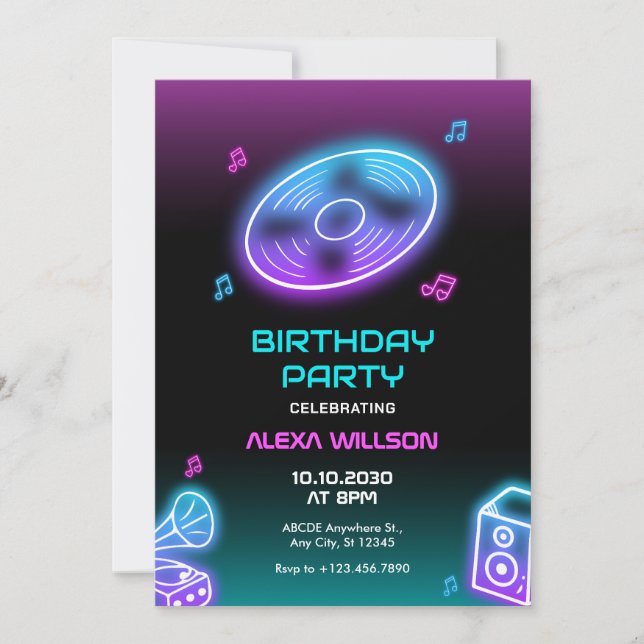 Invitación Neon enciende la música dj cumpleaños fiesta (Anverso)