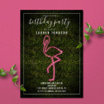 Invitación Neon Flamingo Boxwood Birthday Party<br><div class="desc">Tema de cumpleaños con flamingo inspirado en neón sobre un fondo de madera de paja con texto blanco y guarnecido.</div>