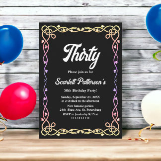 Invitación Neon Floral 30 cumpleaños con brillo negro y blanc