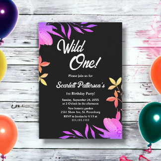 Invitación Neon Floral de brillo negro y blanco primer cumple