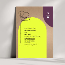 Invitación Neón Floral Monograma + Boda Geométrico Plum Invi