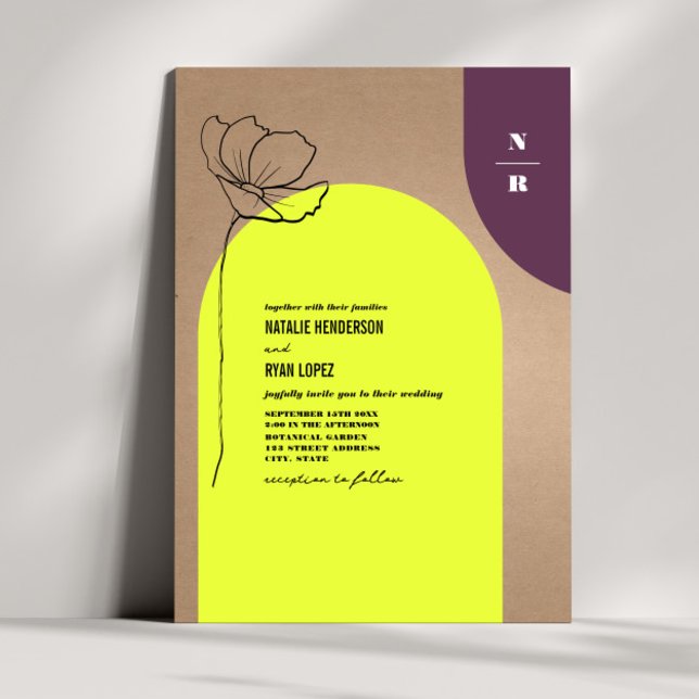 Invitación Neón Floral Monograma + Boda Geométrico Plum Invi (Subido por el creador)