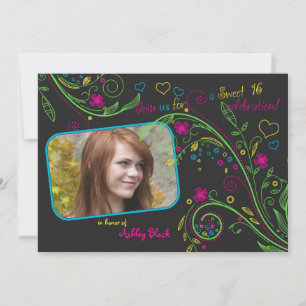 Invitación Neon Floral Photo Sweet 16 Birthday Invitation